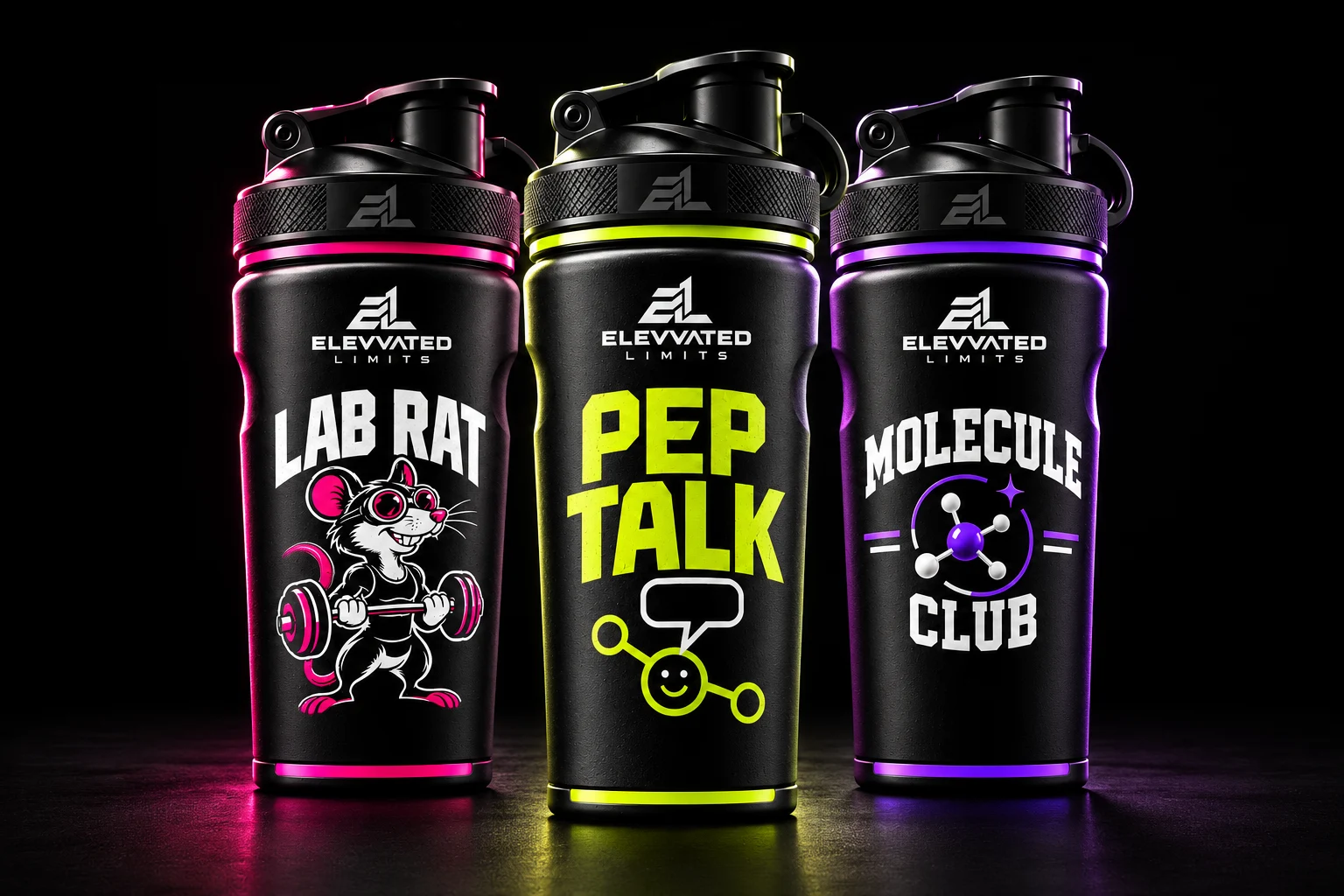 The Lab Rat, Pep Talk and Molecule Club editions of the ELEVVATED LIMITS shaker collection