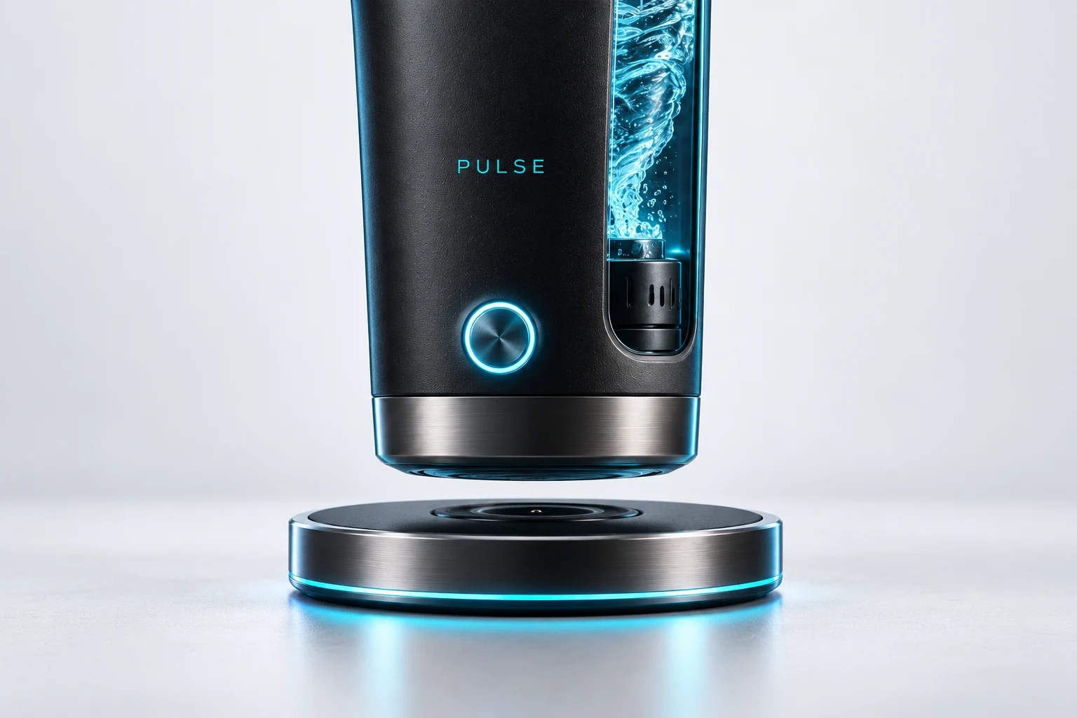 Close-up of the EL PULSE mixing button, metal base and charging dock, with the bottle lifted above the dock